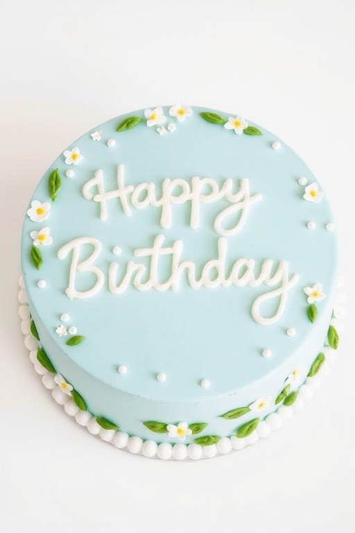 A round birthday cake with a smooth light blue frosting decorated with small white flowers and green leaves around the edge the words happy birthday written in white icing on top surrounded by small white pearls