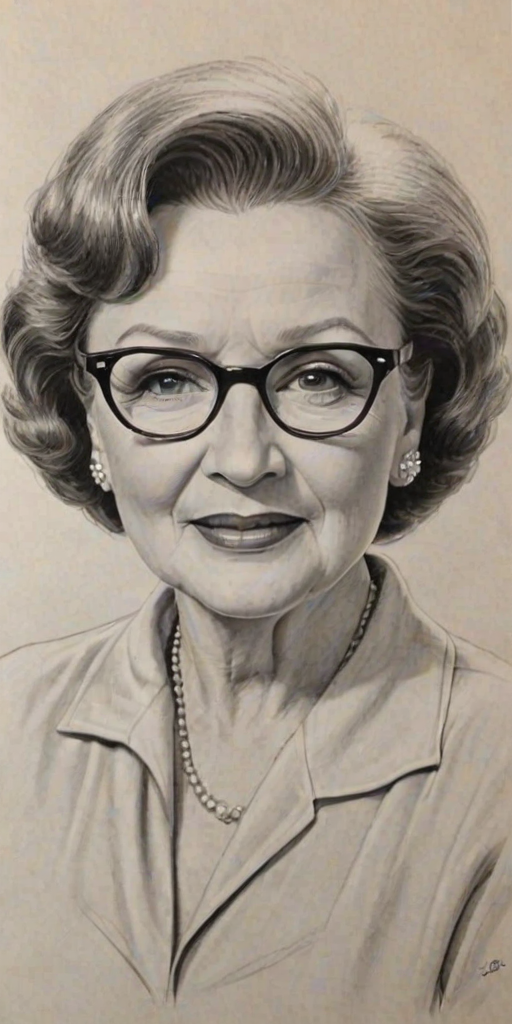 Superb Betty White, pencil sketch, portrait of Captivating woman 1952s in glasses, hair style beatnik, outline, clear lines, fine lines, 8k