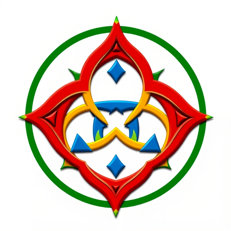 Create a vibrant and detailed graphic of a triquetra symbol with red, blue, and yellow colors, set against a white background with a green border, in a high-resolution vector style, using a digital camera with a 50mm lens, f/1.8 aperture, ISO 100, and shot in natural daylight for optimal clarity.