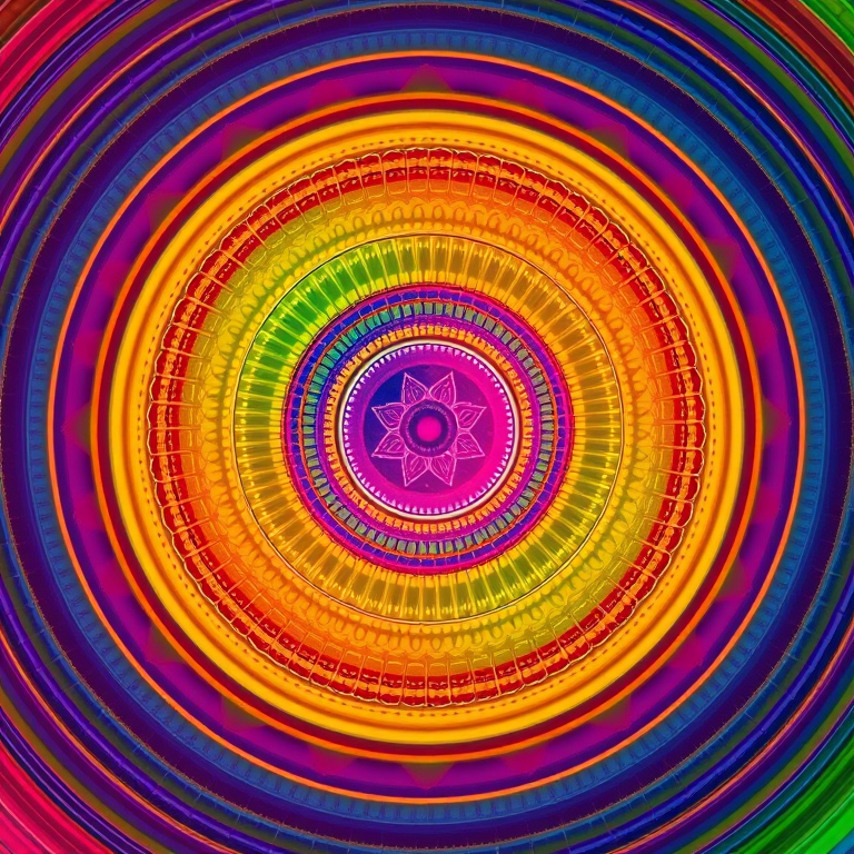 Generate a vibrant abstract pattern of concentric circles with intricate colors and a smooth gradient using a high-resolution digital camera at ISO 100, f/8 aperture, 1/200 shutter speed, wide-angle lens, and top-down view for enhanced detail and clarity.