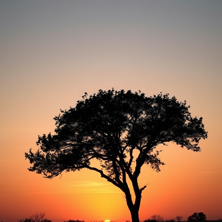 Regenerate the image featuring a silhouette of a tree against a sunset background with a Nikon D850, 50mm lens, aperture f/2.8, ISO 200, shot in landscape orientation.