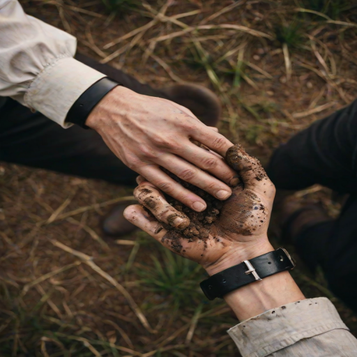 detailed edges, detailed image, perfection style, A cinematic detailed high angle from above image of a man with dirty hands and dirt on them, movie themed, sharp, detailed background, epic cinematic photography, artistic style, dramatic light style, cinematic color style, Kodak 35mm film style, detailed style, hand focus style, solo, shirt, 1boy, jewelry, male focus, outdoors, belt, pants, blurry, blurry background, ring, close-up, black belt, brown pants, multiple boys, 2boys, realistic, wedding ring, grass, yaoi, outstretched hand, hand focus