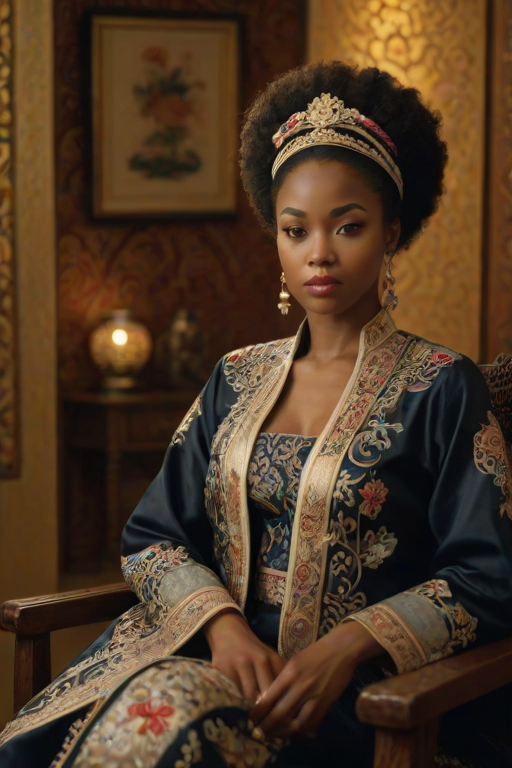 A beautiful Afro-Caribbean woman in traditional East Asian attire, intricately detailed with embroidered patterns, sitting gracefully in a richly decorated room, soft ambient lighting, serene and elegant, ultra-realistic, 8K resolution