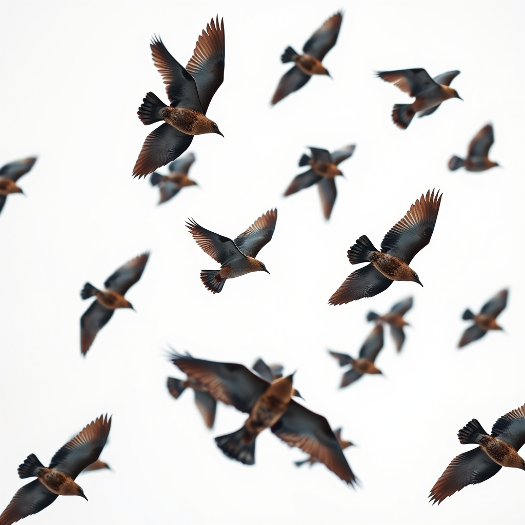 a high-resolution image of a flock of birds in flight against a white background, captured with a Canon EOS R5, 24mm lens, aperture f/8, shutter speed 1/2000s, ISO 100, top-down aerial view, sharp focus on the birds, minimal noise, and high contrast