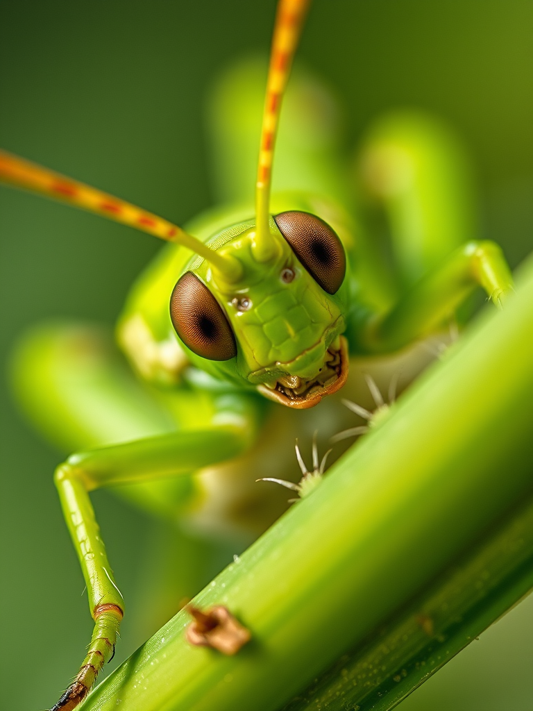 Generate a highly detailed close-up illustration of a grasshopper, using a DSLR camera with a macro lens, aperture set to f/2.8, ISO 100, focusing on vibrant green hues and fine textures, shot from a low angle with soft natural lighting.