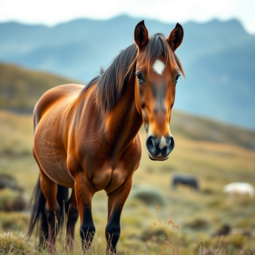 a majestic brown horse standing in a grassy field with a blurred mountainous background, captured with a Canon EOS R6, 85mm lens, f/2.8 aperture, ISO 200, natural light, portrait orientation, shallow depth of field