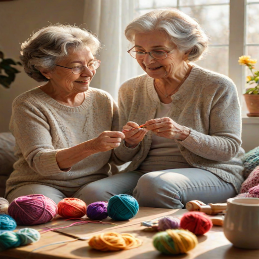 Warm, intimate photo of a grandmother teaching her granddaughter how to knit by a sunny window, soft golden light illuminating their hands, with colorful yarn scattered on the table and a cozy atmosphere.