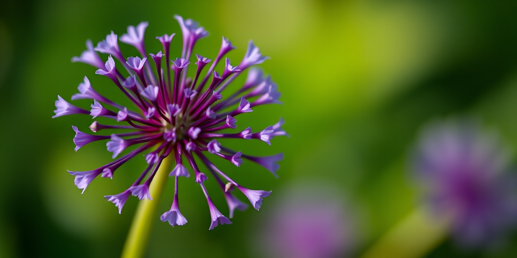 Capture a close-up of a round purple allium flower against a blurred green background, using a Canon EOS 5D Mark IV, 50mm lens, aperture f/2.8, ISO 100, and a shutter speed of 1/200s, with soft natural lighting for enhanced detail and vibrant colors.