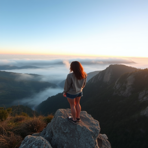 Mountain overlook at dawn, with mist rolling over the valley below, a woman stands at the edge of the cliff, her breath visible in the cool morning air.