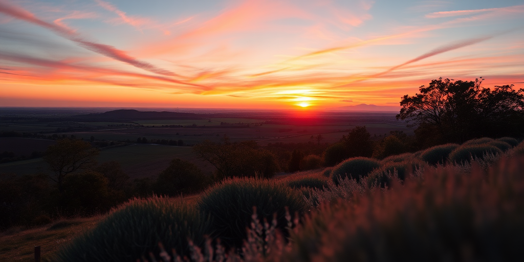 Create a high-resolution image of a serene landscape during sunset with vibrant colors, using a Canon EOS R5, 24mm lens, f/8 aperture, ISO 100, 1/200 second shutter speed, shot from a low angle to capture the foreground and enhance depth.