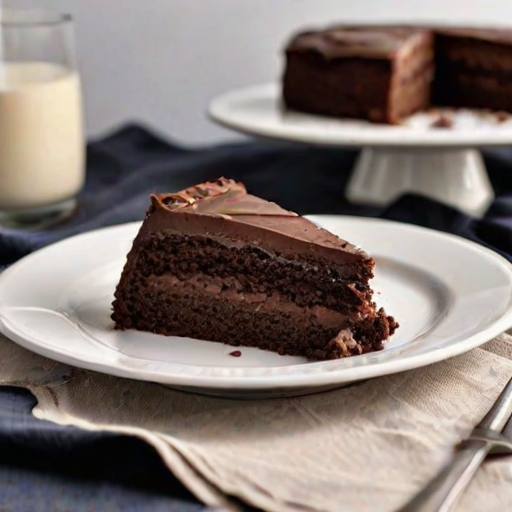 Generate an image of a slice of chocolate cake on a white plate. The cake has a rich, dark chocolate layer with creamy brown frosting on top. Include a fork beside the plate and a glass of milk in the background. The setting should have a soft, neutral tablecloth and a warm, inviting atmosphere.
