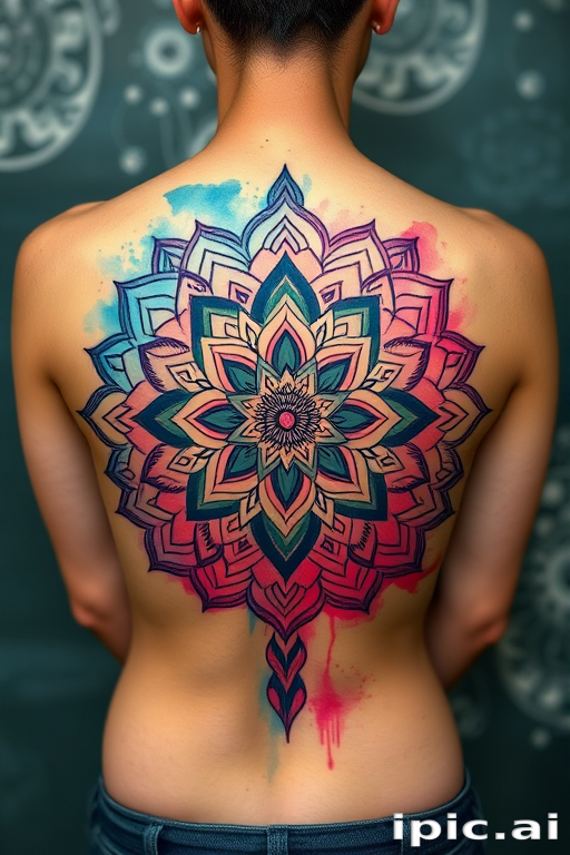 Breathtaking body tattoo featuring intricate mandala patterns in vibrant watercolor style, blending teal and magenta hues across the back, symbolizing spiritual awakening and inner balance