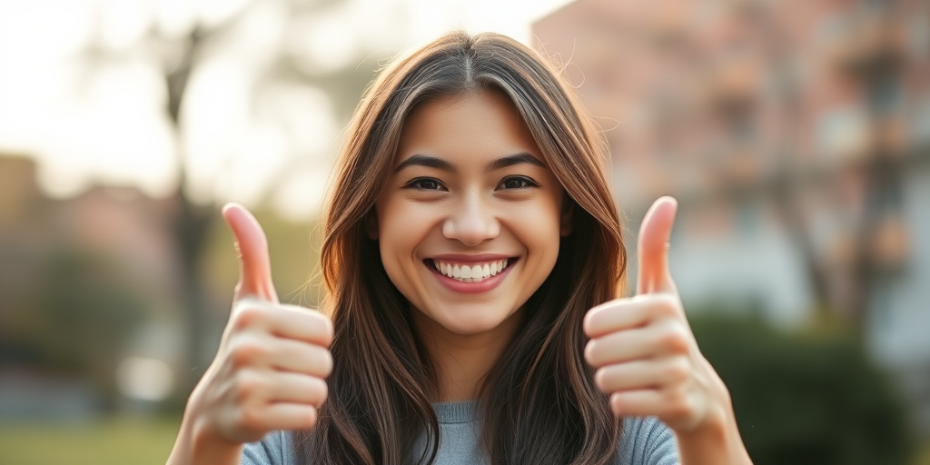 young woman smiling with two thumbs up, soft natural light, shallow depth of field, portrait photography, 50mm lens, f/1.8, ISO 100, aperture priority mode, Canon DSLR, soft focus background
