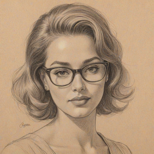 Beauteous Eli Goree, pencil sketch, portrait of Sublime woman 1954s in glasses, hair style beatnik, outline, clear lines, fine lines, 8k