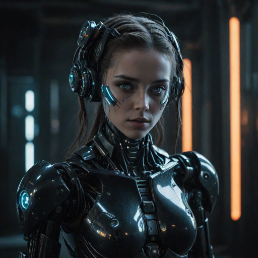 portrait of a robot android girl in a dark dramatic cyberpunk futuristic environement