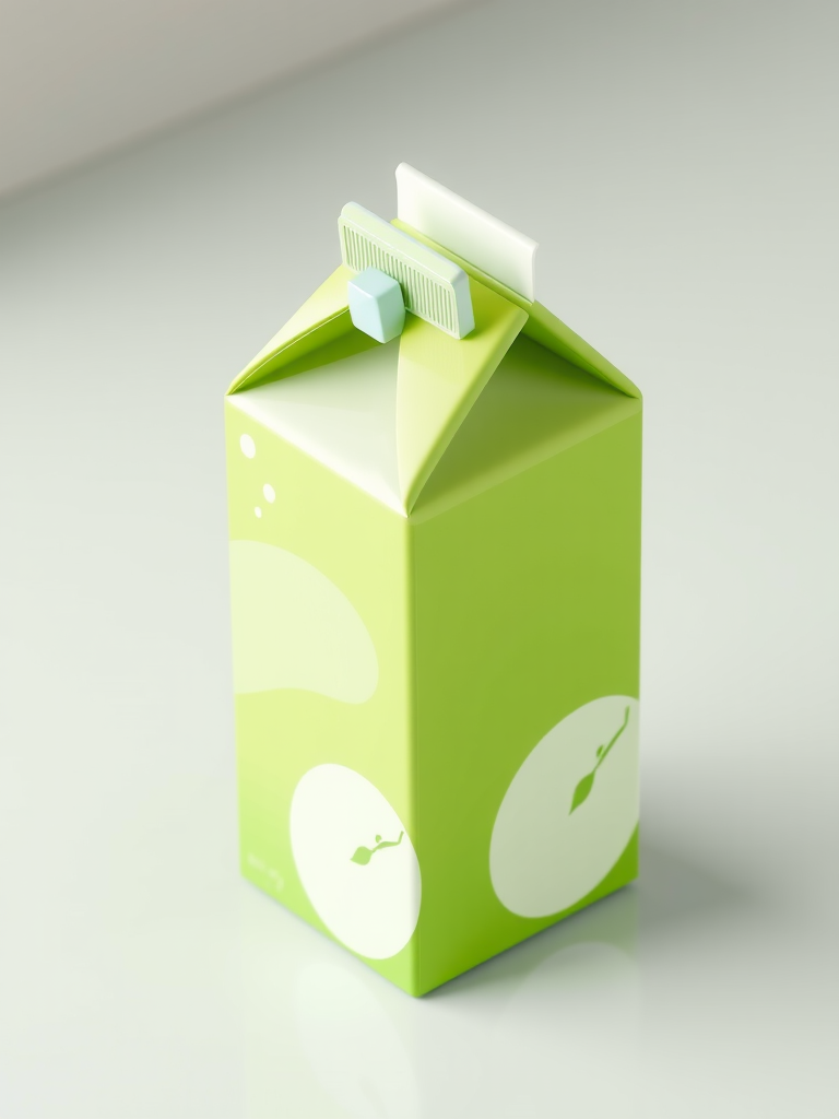 Create a realistic 3D rendering of a green apple milk carton in an isometric view, with soft lighting, high detail, a focus on the texture of the carton, using a DSLR camera with a 50mm lens at f/2.8, ISO 100, and a shutter speed of 1/200 sec.