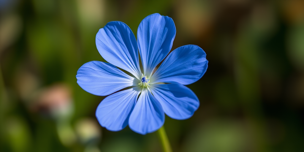 Generate a high-resolution image of a blue flower with a simple design, captured using a DSLR camera at f/4 aperture, ISO 100, 50mm lens, 1/200 sec shutter speed, in natural light, with a soft focus background for enhanced detail.