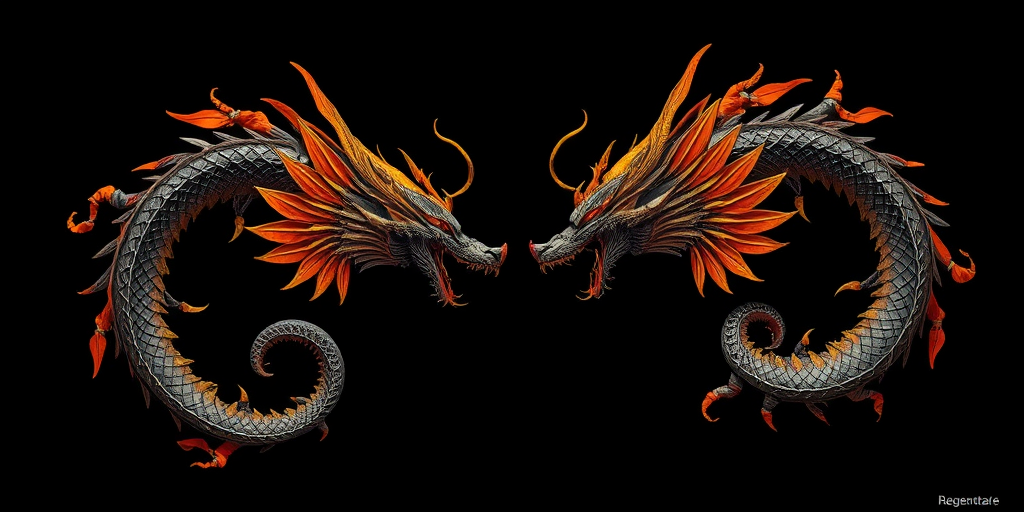 regenerate the image of two intricate, swirling dragon-like creatures with vibrant orange and gold accents against a black background using a DSLR camera, 50mm lens, f/1.8 aperture, ISO 100, 1/200s shutter speed, shooting in HDR mode for enhanced detail and dynamic range.