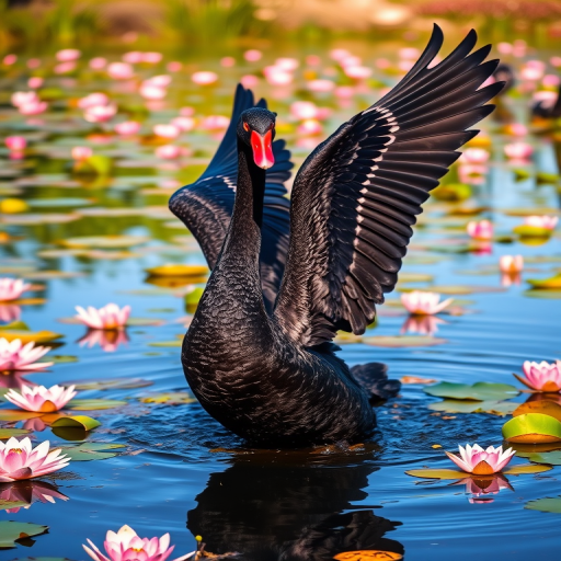 Black swan taking off from a serene pond surrounded by pink water lilies, shot with a DSLR camera set to f/2.8, ISO 100, 1/1000s, using a shallow depth of field to focus on the swan, colorful and high-contrast, low-angle view to emphasize wings and reflection.