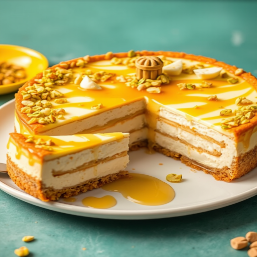 Create an image of a delicious layered cheesecake with a golden crust topped with crushed pistachios and a drizzle of honey served on a white plate with a slice cut out revealing the creamy layers inside and a vibrant yellow plate in the background.