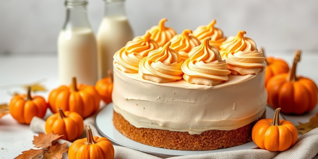 Create an image of a beautifully decorated cake with a creamy beige frosting topped with swirls of buttercream in a light color and orange pumpkin-shaped decorations. Surround the cake with several small orange pumpkins and a couple of glass bottles of milk in the background. The setting should feel cozy and autumnal, with a neutral backdrop to highlight the cake and decorations.