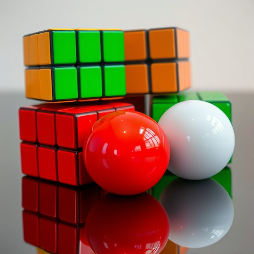 Create a high-resolution image of colorful Rubik's cubes arranged artistically with three glossy spheres in red, green, and white on a reflective surface, shot with a DSLR camera at f/8, ISO 100, 50mm lens, natural lighting, and a slight tilt to capture depth.