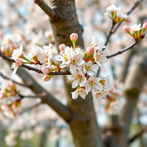 Create a highly detailed illustration of a tree in spring bloom with delicate white and pink flowers, using a Canon EOS R5 camera, 50mm lens, aperture f/1.8, ISO 100, with a focus on the intricate textures of the bark and blossoms, in a bright, well-lit studio setting.