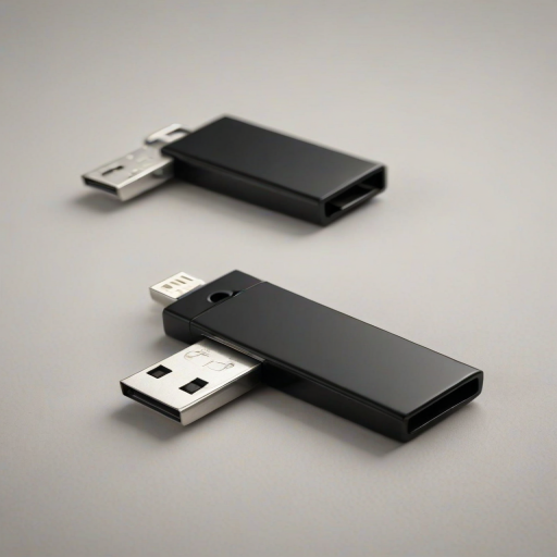 create a realistic image of a black and silver USB flash drive lying on a flat surface with a clean background