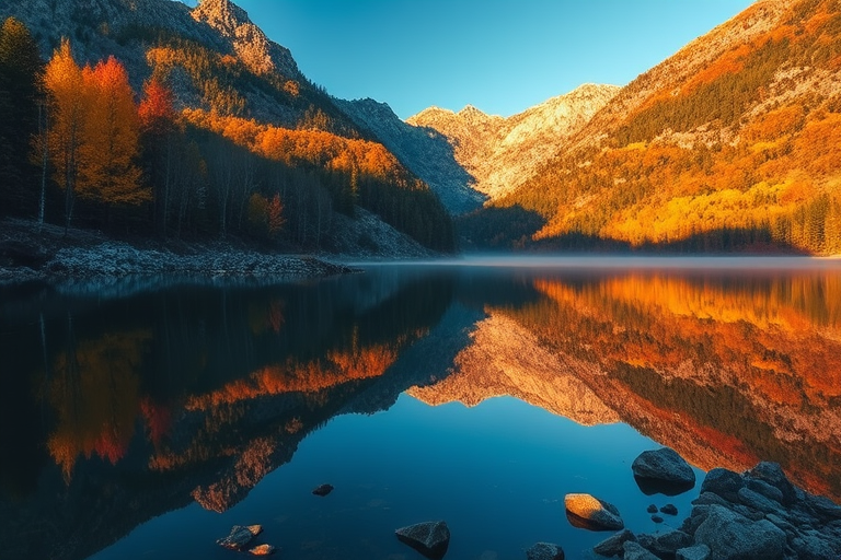 Capture a serene mountain lake landscape during autumn with vibrant trees, reflecting on calm water, using a Canon EOS R5, 24mm lens, f/8 aperture, 1/125s shutter speed, ISO 100, golden hour lighting, and a wide-angle perspective.