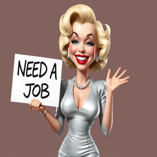 caricature of a smiling Marilyn Monroe in a Platinum dress or suit, holding up a sign that says "NEED A JOB", no watermark,