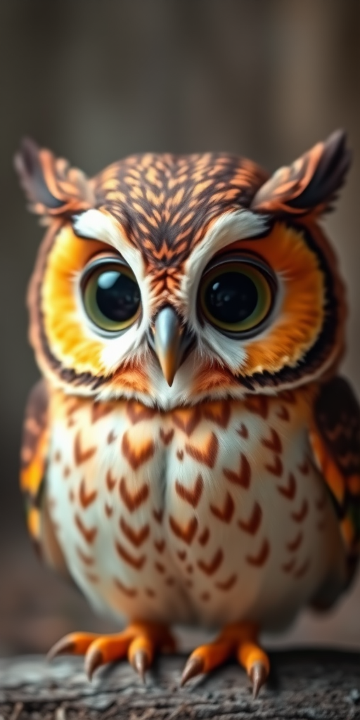 Generate a colorful cartoon-style image of an owl with large eyes, a round body, and a playful expression, focusing on a symmetrical composition, with a soft-focus background and high contrast, captured using a DSLR camera at f/8 aperture, ISO 200, 50mm lens, and natural lighting.