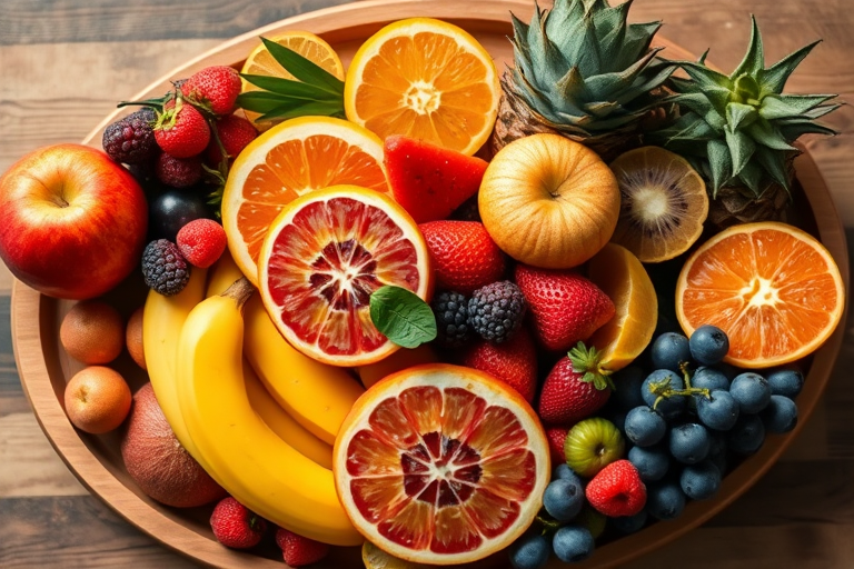 a vibrant assortment of fresh fruits arranged on a wooden platter, styled in a natural light setting, macro lens, f/2.8 aperture, 1/125s shutter speed, ISO 100, overhead view