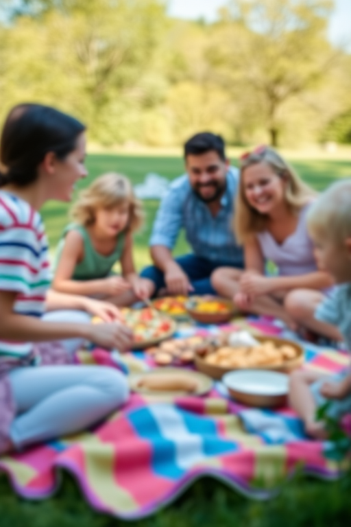 Blurry action shot of a family enjoying a picnic on a sunny day, with colorful blankets spread out, laughter echoing, and food spread out around them.