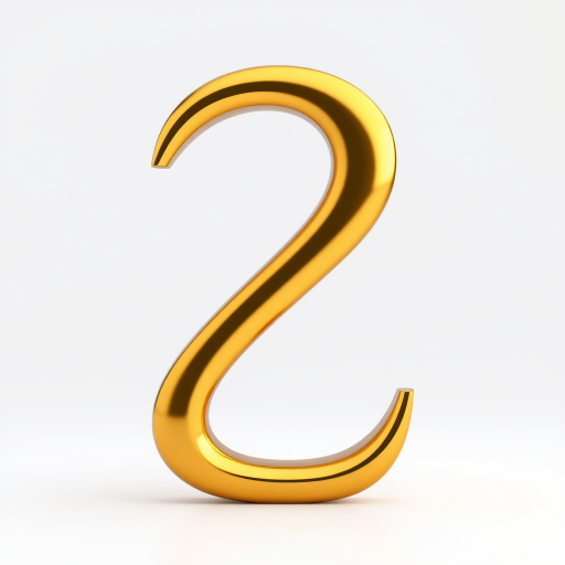 Create an elegant 3D rendering of the number 2 in glossy gold, using a DSLR camera with a 50mm lens at f/1.8 aperture, capturing a soft focus background to enhance depth, with a front view and studio lighting to accentuate reflective surfaces.
