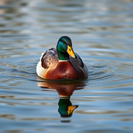 A serene image of a duck floating on calm water with reflections, captured in natural light using a DSLR camera with a 50mm lens, aperture f/2.8, ISO 200, shutter speed 1/200s, slightly above the water level for a close-up view, focusing on the duck's details and the surrounding colors.