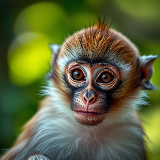 Create a close-up shot of a monkey, showcasing detailed fur textures and expressive eyes, natural background with bokeh effect, using a Canon EOS R5, 85mm f/1.2 lens, ISO 100, aperture f/1.2, shutter speed 1/500s, with soft natural lighting.