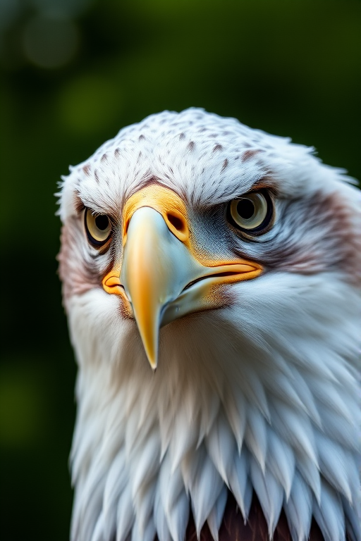 A close-up of a majestic bald eagle with intense eyes and detailed feathers, taken with a Canon EOS 5D Mark IV, 100mm lens, f/4 aperture, 1/500 sec shutter speed, ISO 200, natural light, sharp focus on the eagle's face against a blurred green background.