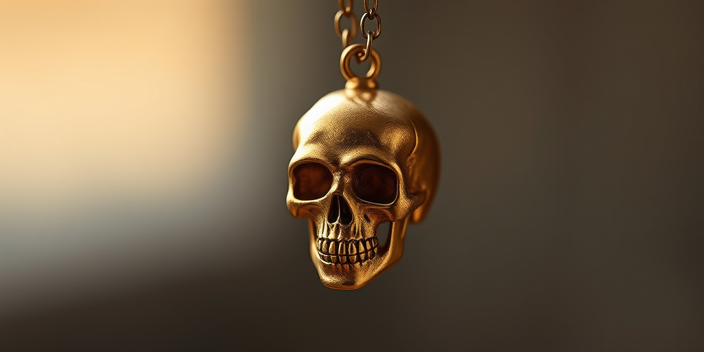 Create a highly detailed image of a gold skull necklace hanging from a delicate chain, using a Canon EOS R5 camera with a 50mm f/1.2 lens, at ISO 100, shutter speed 1/200, with a soft-focus background to enhance the foreground details and lighting coming from the left side for dramatic shadows.