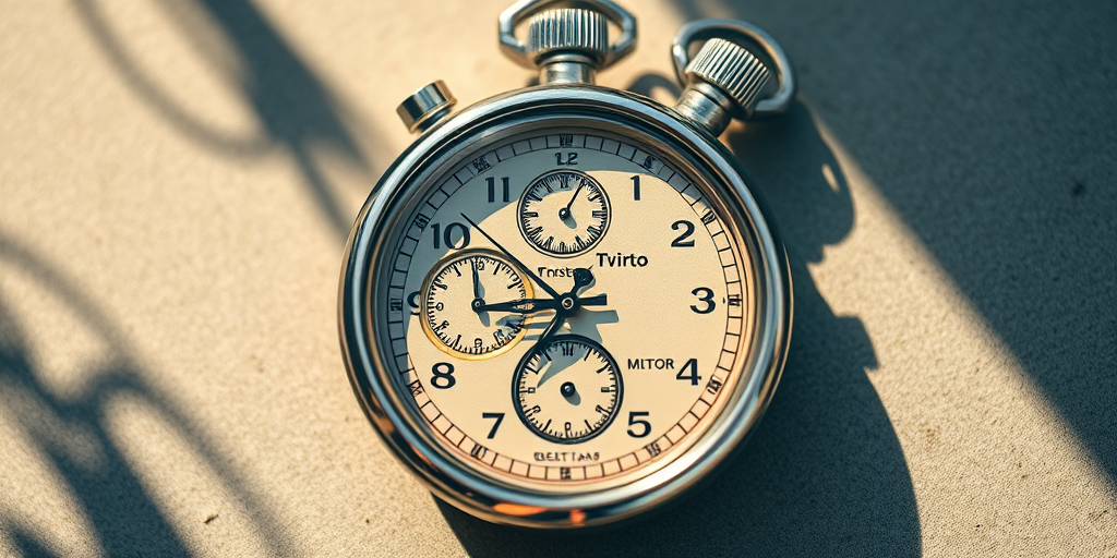 Create a detailed illustration of a stopwatch with intricate designs, high resolution, with a shallow depth of field, taken with a DSLR camera at f/2.8, ISO 100, and a 50mm lens from a top-down view, using natural lighting for enhanced shadows and highlights.
