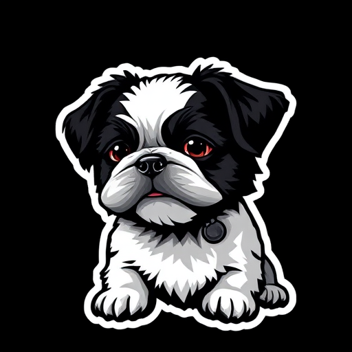 sticker, 3D black and white shih tzu, black background