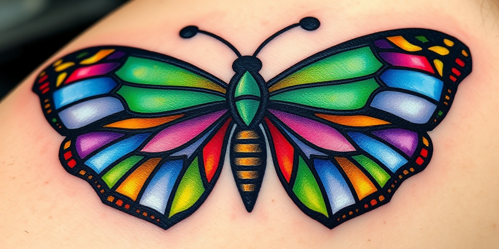 Whimsical "Stained Glass Butterfly" tattoo transforms a delicate insect into a colorful work of art. Vivid jewel tones of sapphire, emerald, and amethyst fill intricate geometric shapes, while black linework mimics the lead came of traditional stained glass. This eye-catching piece combines the beauty of nature with the artistry of human craftsmanship.