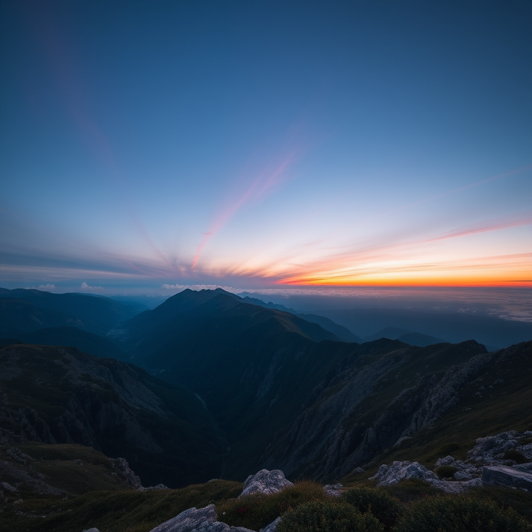 Capture a dramatic mountain landscape at twilight with a focal length of 24mm, aperture set to f/11, ISO 100, using a DSLR camera for sharpness and depth of field, with a wide-angle perspective to emphasize the valleys and layers of mountains in the background.