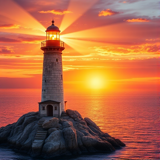 Generate an image of a tall lighthouse perched on a rocky outcrop surrounded by calm ocean waters during a breathtaking sunset. The lighthouse stands sturdy and weathered, its stone surface illuminated by the warm golden light of the setting sun. The sun's rays pass directly through the glass lantern room at the top of the lighthouse, casting a brilliant light across the scene. The sky is painted with vibrant shades of orange, pink, and purple, reflecting off the tranquil sea. The surrounding water shimmers with the same warm hues, creating a serene and majestic atmosphere.