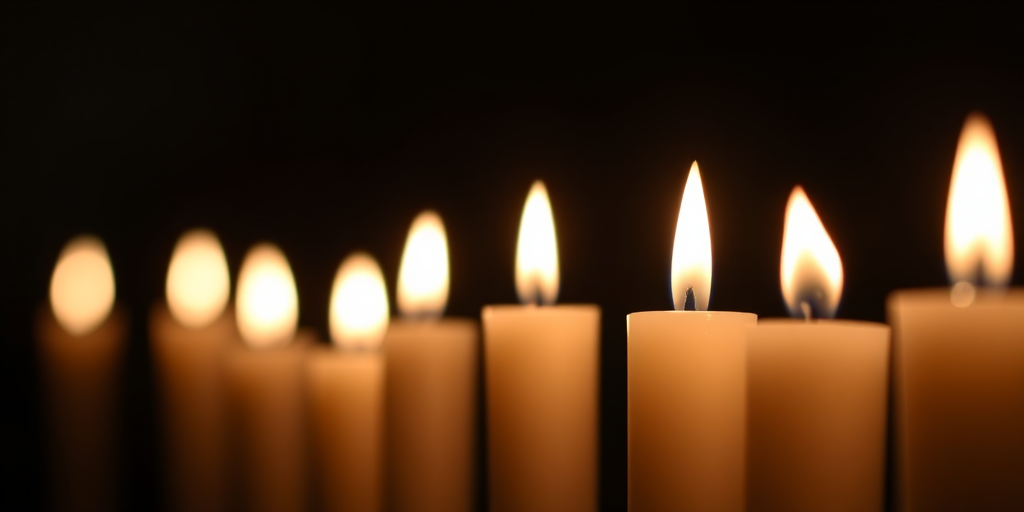 A row of softly flickering candles against a dark background, shallow depth of field, f/2.8 aperture, ISO 100, 50mm lens, shot with a DSLR camera, warm lighting to enhance the glow of the flames.