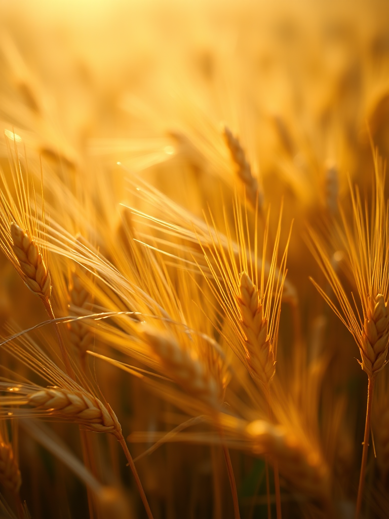 A close-up of golden wheat fields with sunlight filtering through, shallow depth of field, ISO 100, f/2.8 aperture, 50mm lens, shot with a DSLR camera for rich detail and warmth.