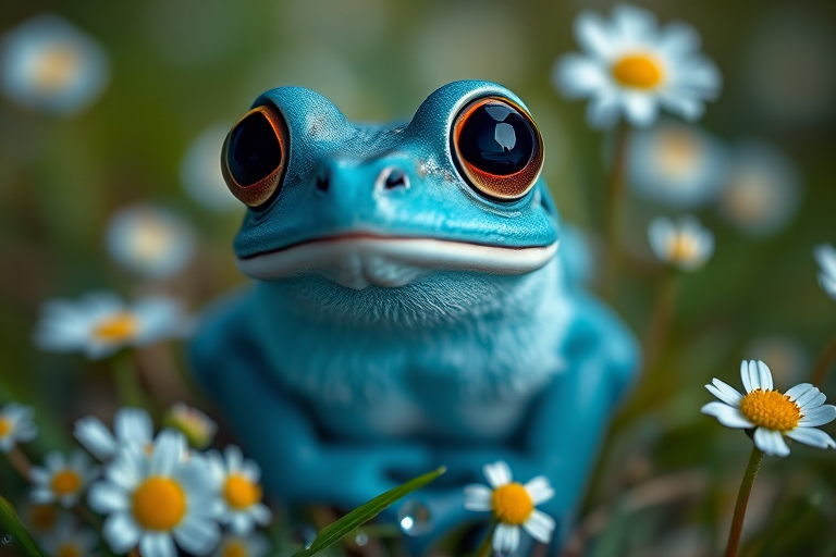 Create an ultra-detailed image of a cute, blue frog with large expressive eyes and a fluffy texture, surrounded by small white daisies and dewdrops, captured with a Canon EOS R5, 85mm lens at f/1.2, shallow depth of field, in natural lighting with enhanced vibrancy for a magical atmosphere.