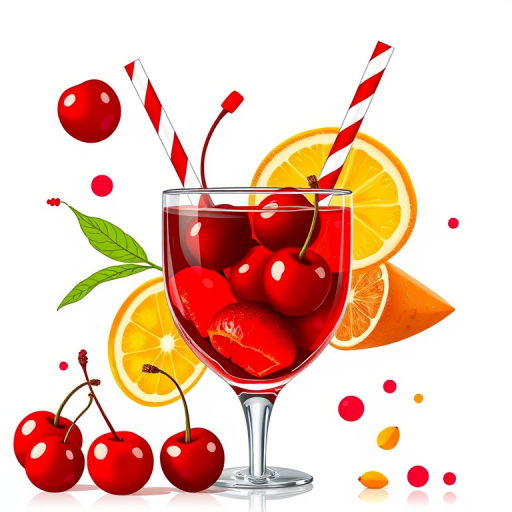 Generate an artistic illustration of various cocktail garnishes including cherries, straws, and citrus slices in vibrant red and contrasting colors, using a DSLR camera, 50mm lens, f/2.8 aperture, 1/200 sec shutter speed, soft focus background, bright lighting for clarity.