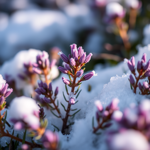 Close-up of purple heather amidst snow, shallow depth of field, ISO 100, f/2.8, 1/200s, natural light, DSLR camera.