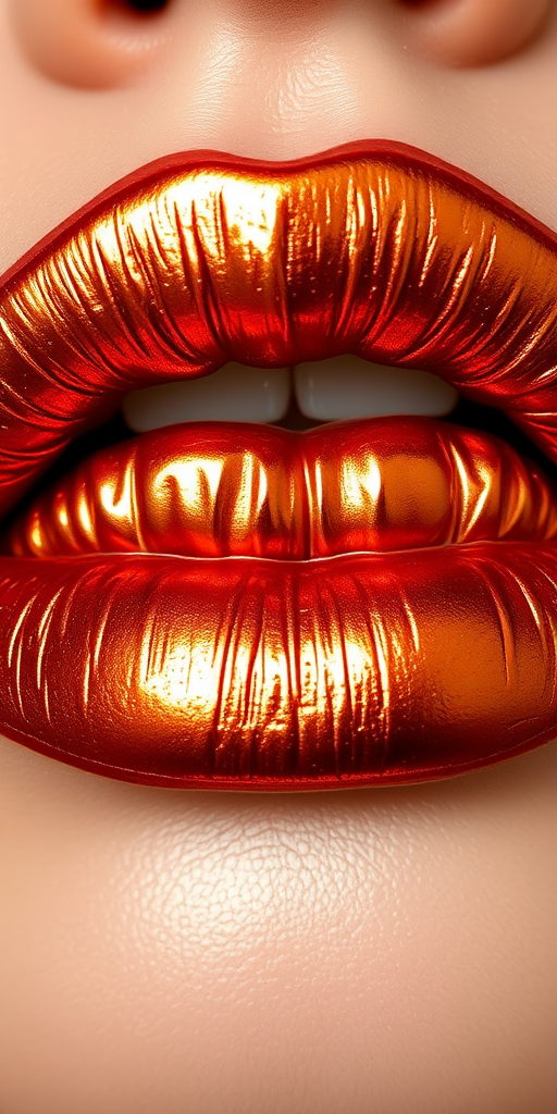 Metallic copper lips with a foiled effect, "Burnished Amber" features a high-impact metallic finish that looks like liquid metal on the lips