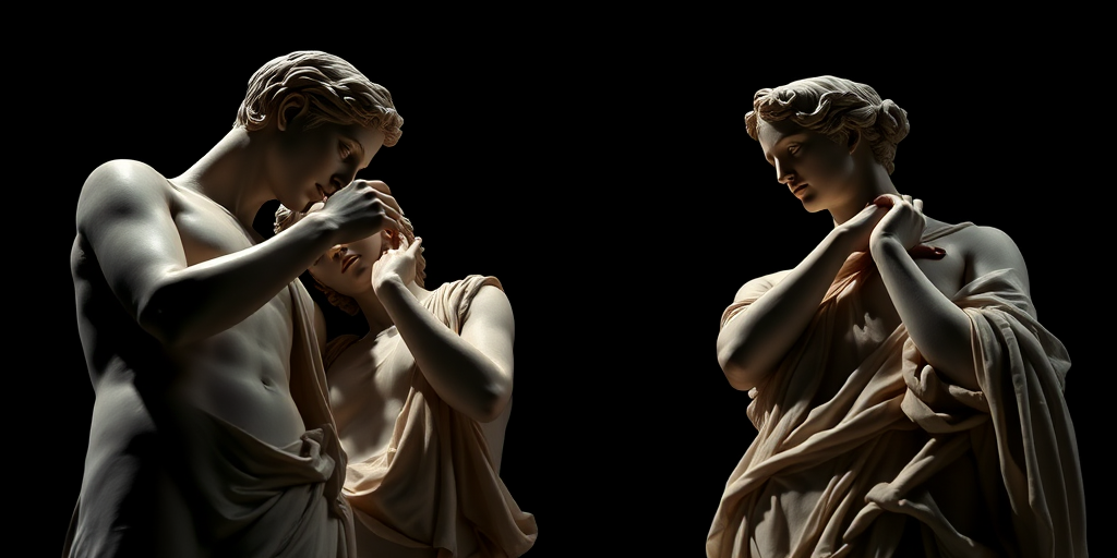 three marble statues of classical figures in an intimate pose under dramatic lighting on a black background, captured with a Canon EOS R5, 50mm f/1.2 lens, aperture f/2.8, ISO 100, shutter speed 1/125s, in a soft focus style for enhanced depth and detail.